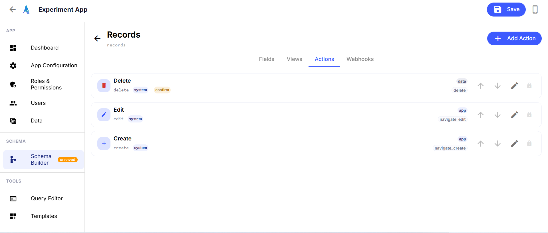 A collection's Actions tab, listing the pre-built Delete, Edit, and Create actions