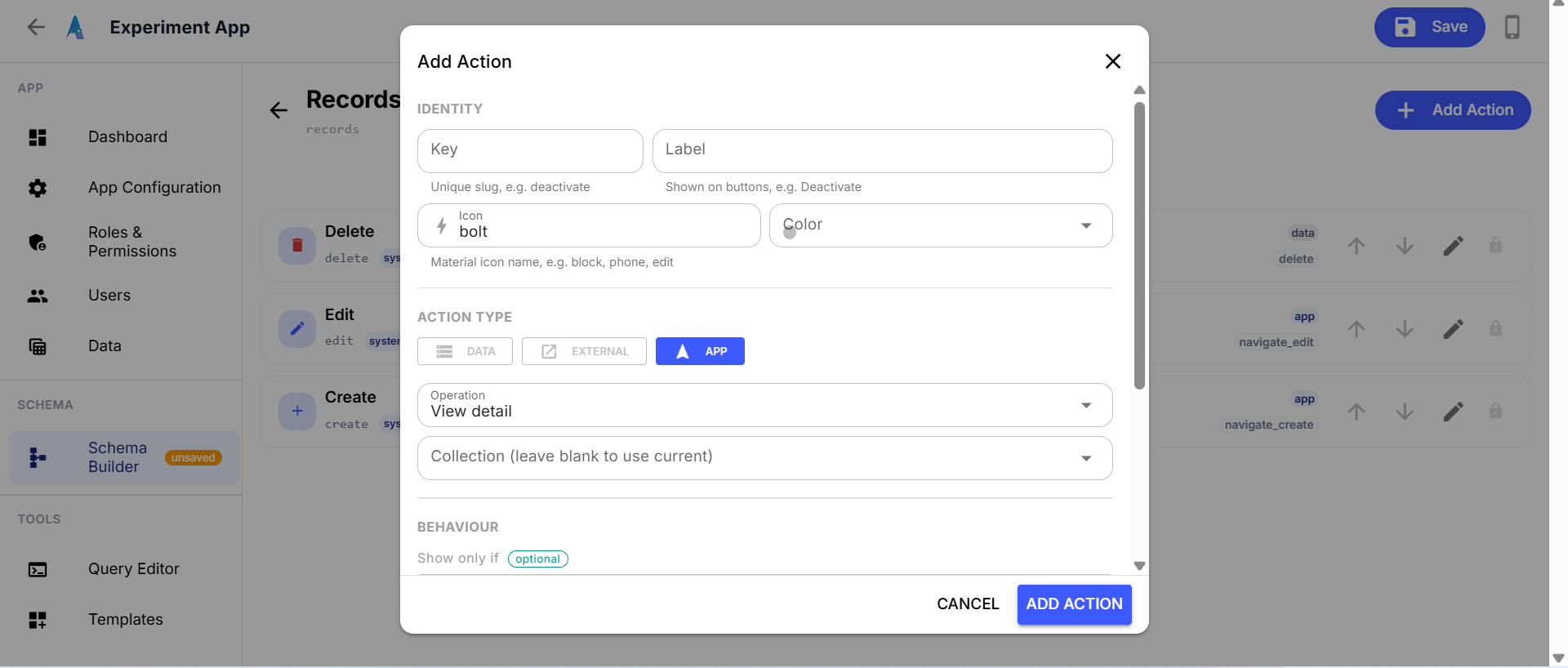 The Add Action dialog, with identity fields and a Data/External/App action-type picker