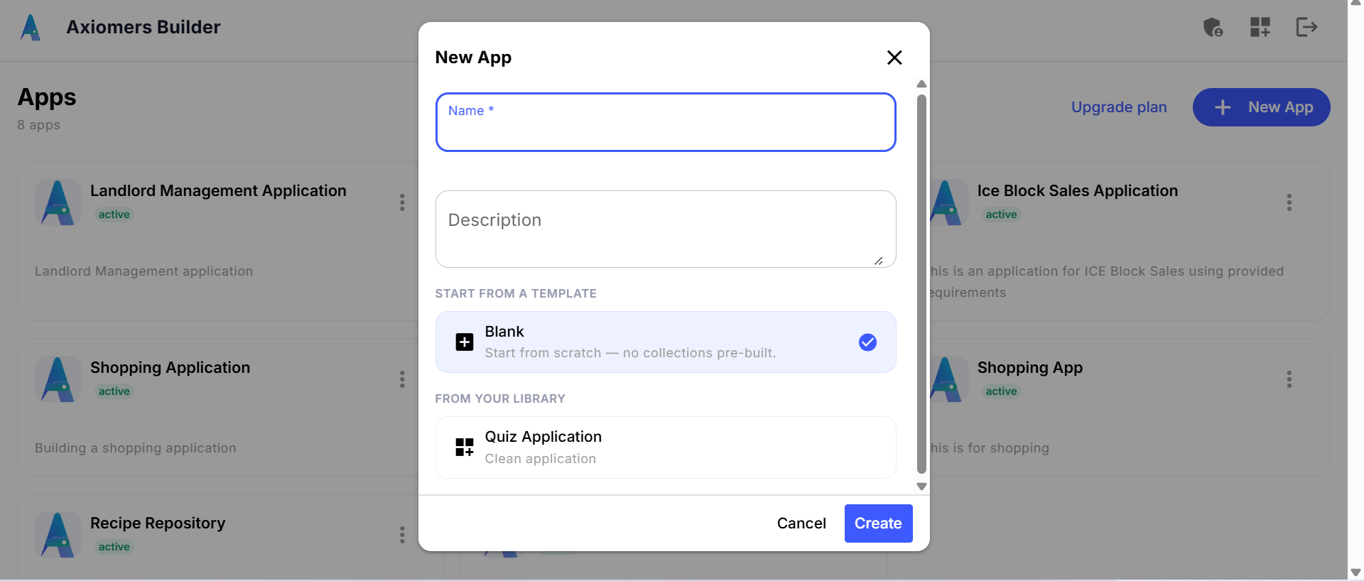 The New App dialog, with a name field, description, and a choice between a blank app or a starting template
