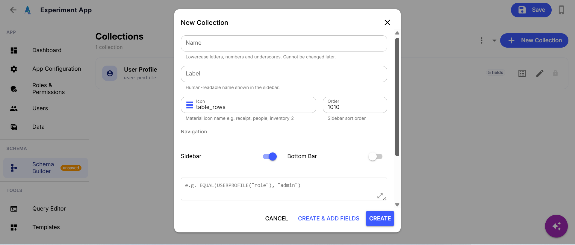 The New Collection dialog, with name, label, icon, order, and sidebar/bottom-bar navigation toggles