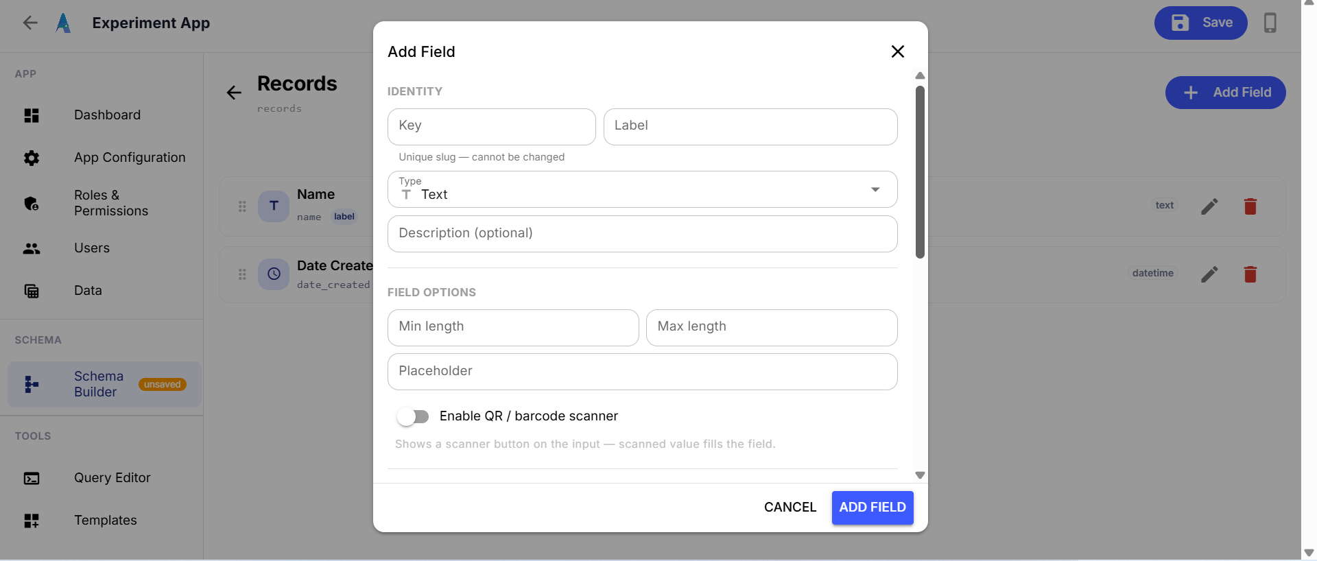 The Add Field dialog, showing key, label, type, and description inputs