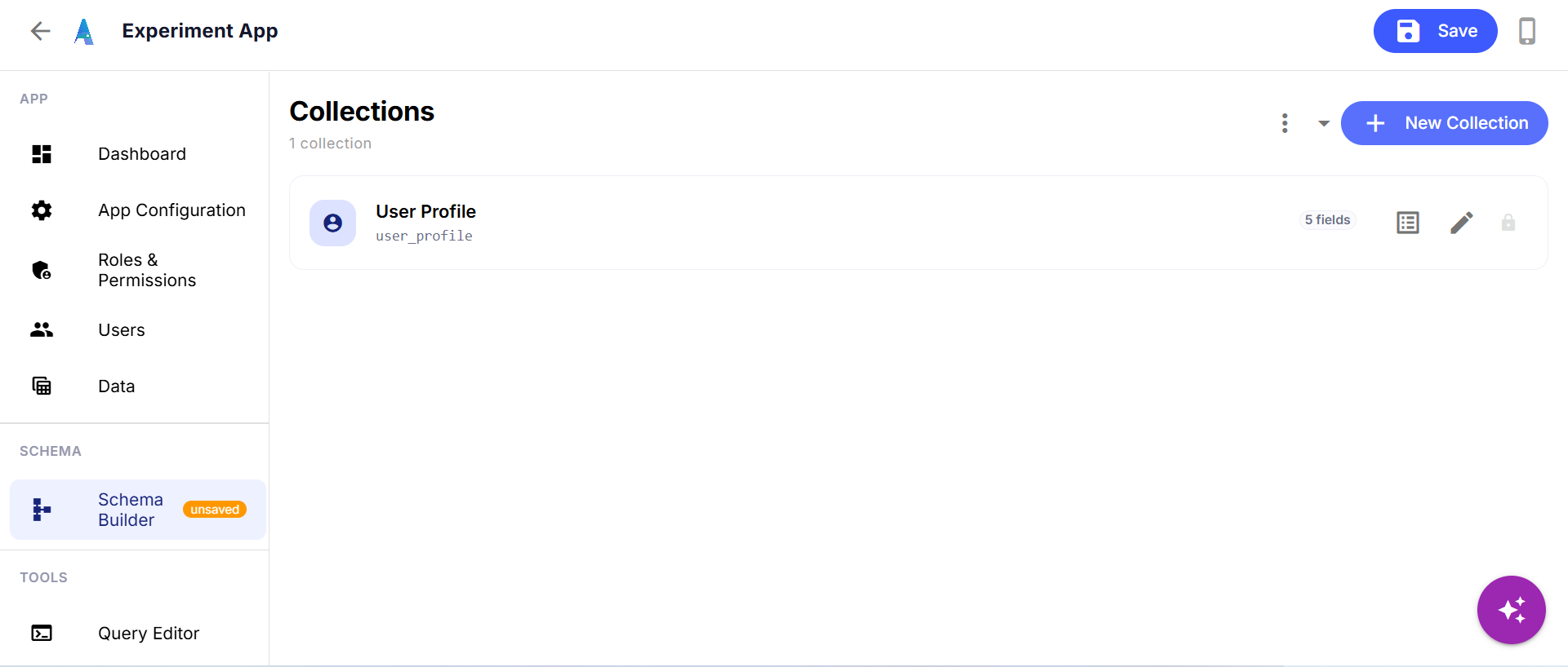 The Schema Builder's Collections page, showing the pre-built User Profile collection