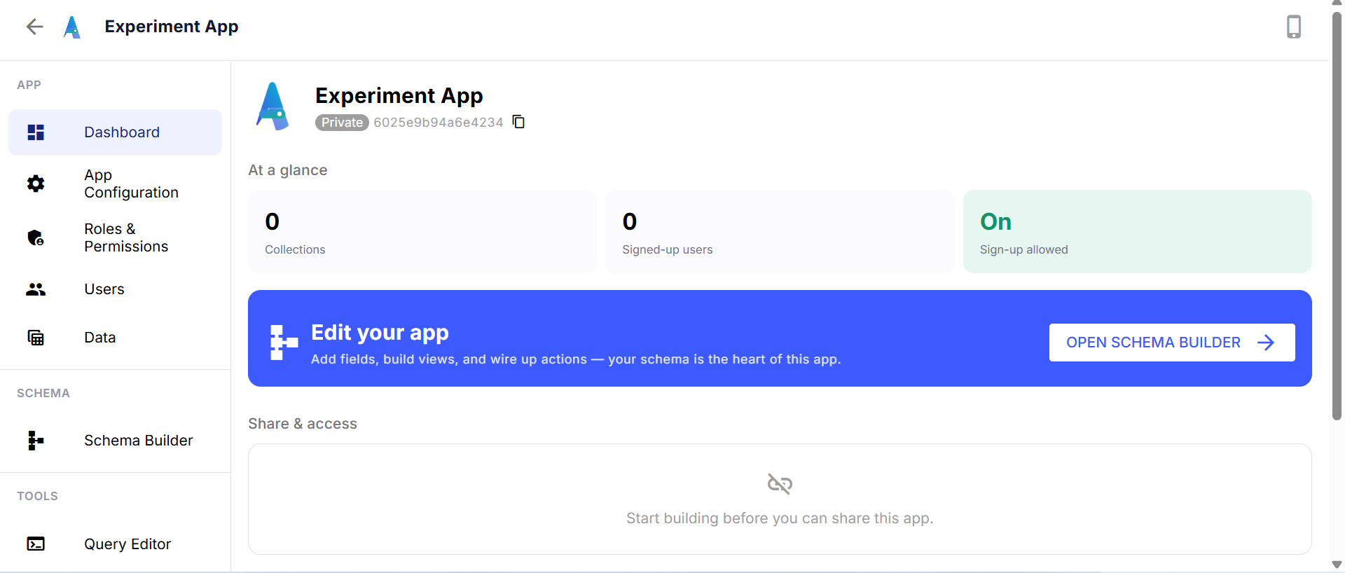 A freshly created app's dashboard, with an "Open Schema Builder" card and a Share & access section