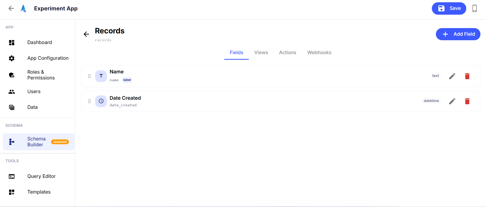 A newly created collection's Fields tab, already showing a Name field and a Date Created field