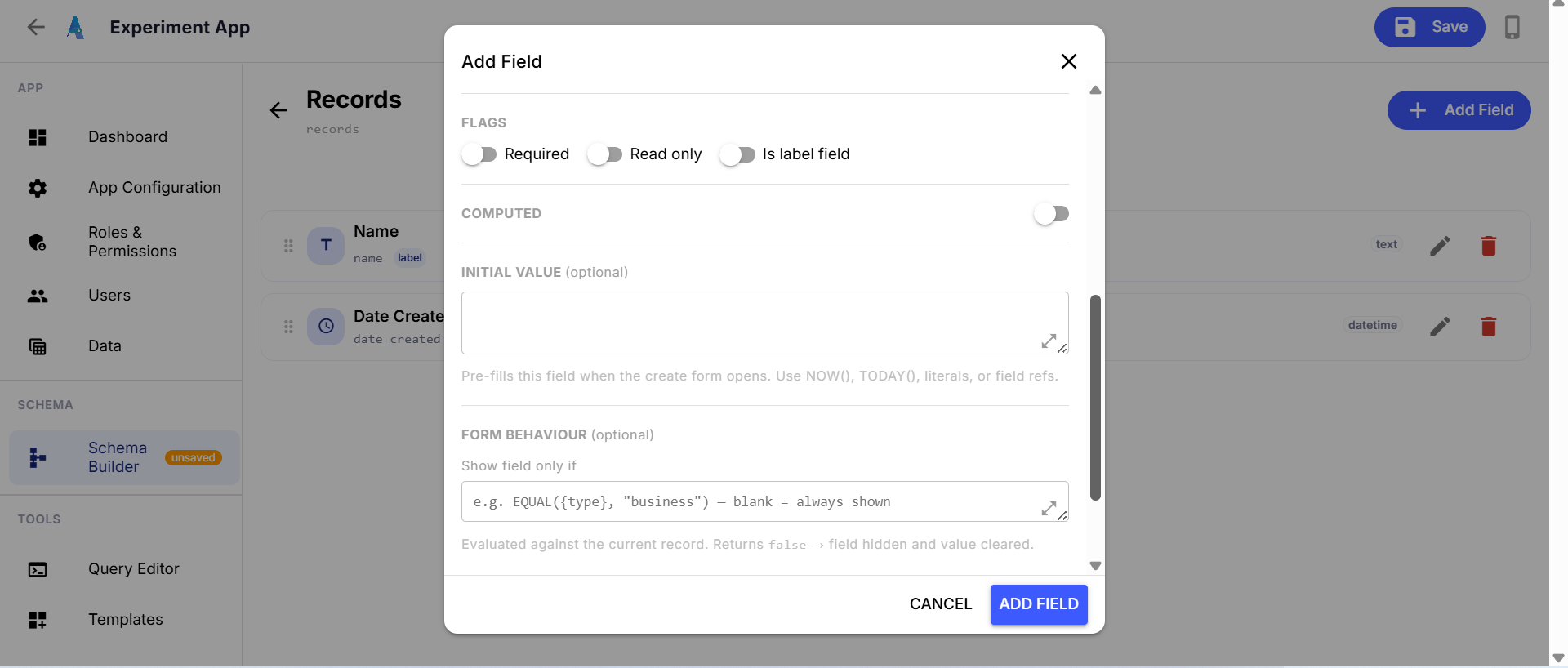 The Add Field dialog scrolled down, showing Required/Read only/Is label field flags, the Computed toggle, and an initial value