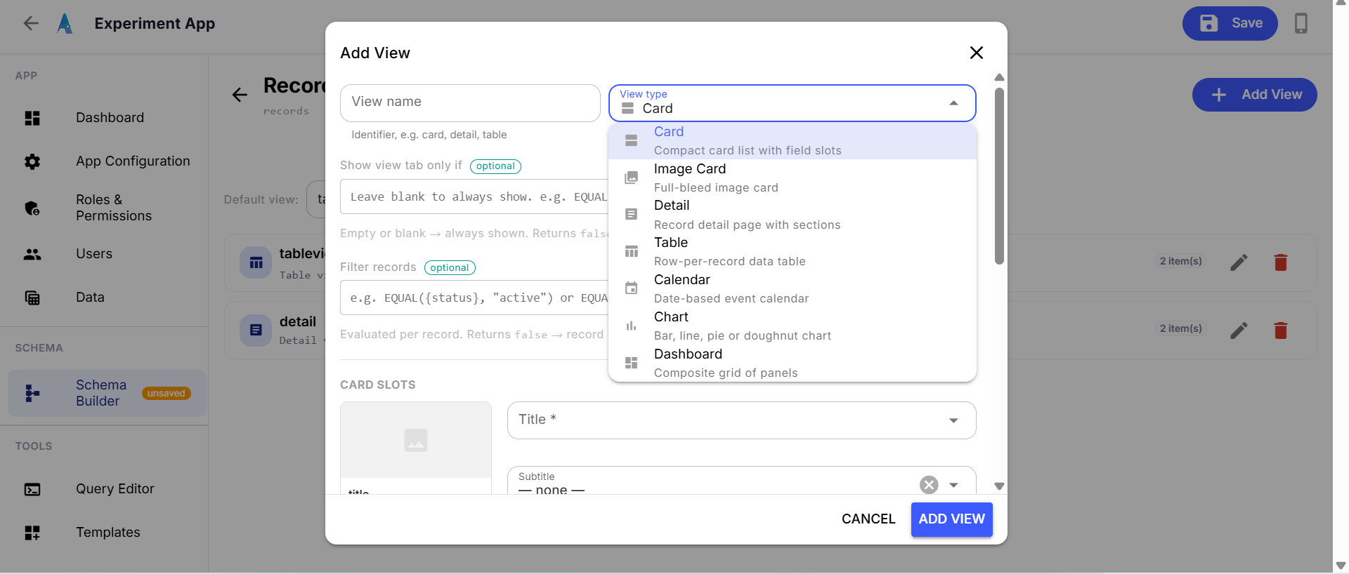 The Add View dialog with the view type dropdown open, listing Card, Image Card, Detail, Table, Calendar, Chart, and Dashboard